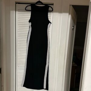 Bebe Black Sleeveless Maxi Dress with White Side Stripes Slits at Knees